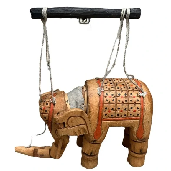 Vintage Hand Carved Wood Elephant String Marionette Puppet Decor